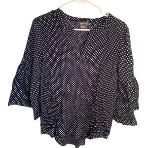 Van Heusen Split Neck Blouse Navy Polka Dots Bell Sleeve